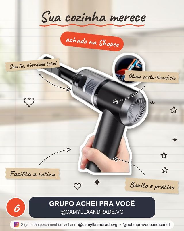 Mini Aspirador de Pó Portátil Automotivo Casa Sem Fio 3 em 1 Recarregável Potente 6000Pa