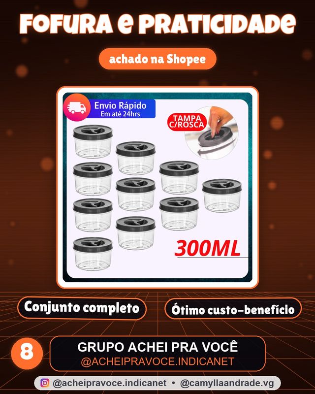 Jogo 10/6 Potes Redondo 300ml Tampa com Rosca BPA FREE Potinho Transparente Tempero Doce Papinha Bebê