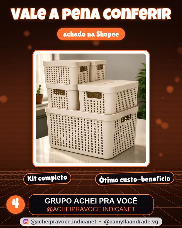 Kit 5 Caixas Organizadoras com Tampa Cesto Grande de Plástico 2 Litros 4,5 Litros 17 Litros