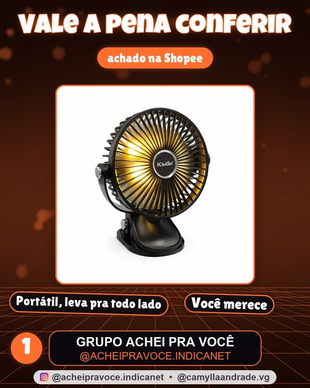 Ventilador Portátil com Clipe de Fixação Luz Noturna 5 Velocidades Bateria de Longa Duração KinGo