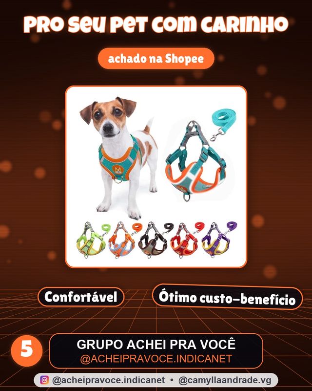Coleira Peitoral para cachorro pequenos e médios com guia para pet colete confortável