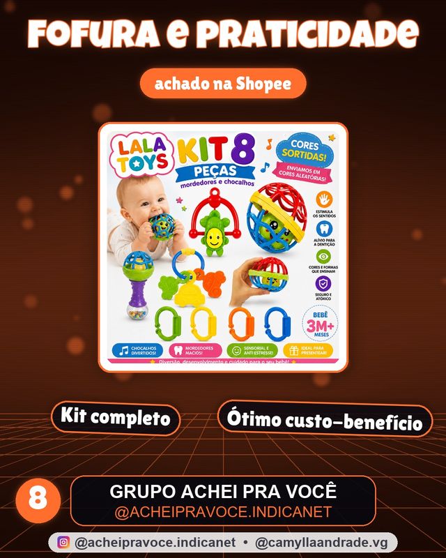 Kit 8 peças Mordedor para Bebe Sensorial Macio com Chocalho
