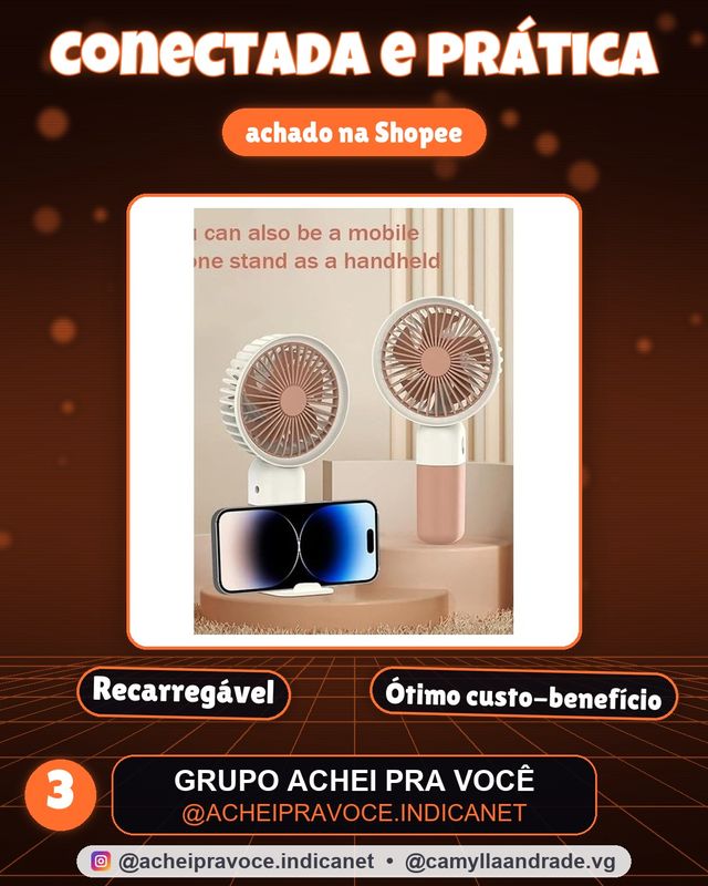 Mini Ventilador Portátil Silencioso Recarregável  Mão/Mesa com Suporte de Celular.