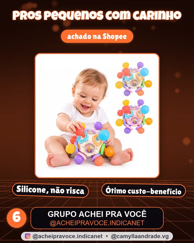 Bola Mordedor Sensorial para Bebê 12 Pontas com Chocalho Silicone Dentição