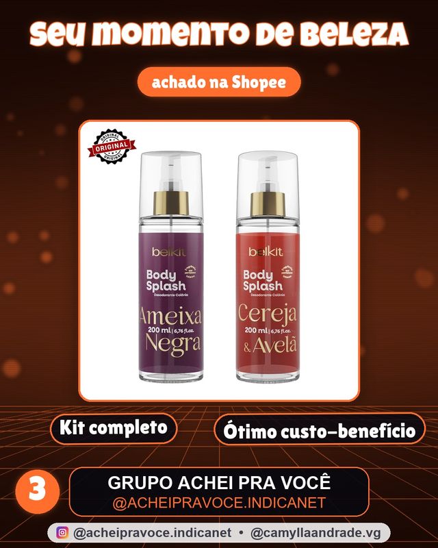 Kit 2 Body Splash Ameixa Negra, Maracujá, ou Uva Merlot Cereja 200ml BELKIT Alta Projeção e Fixação