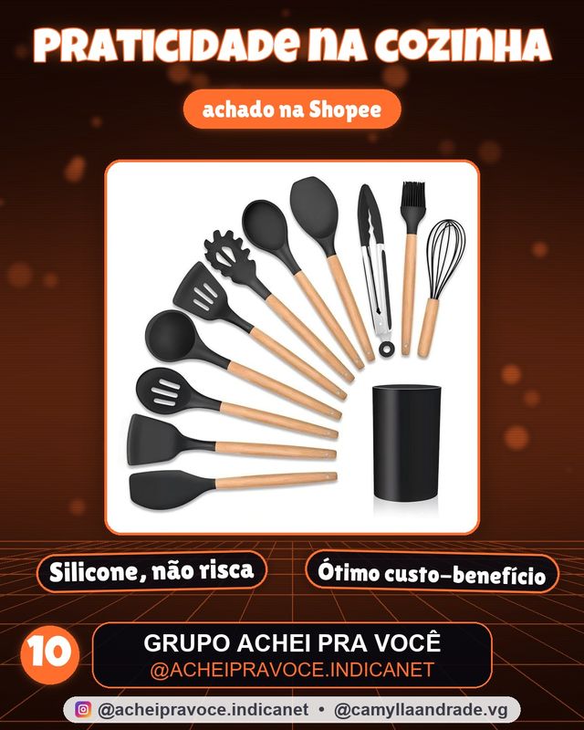 KIT 12 Peças de Utensílios Para Cozinha em Silicone e Bambu