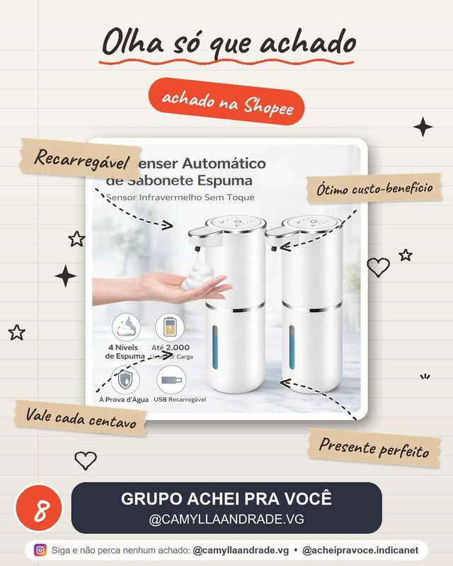 Dispenser Automático de Sabonete com Sensor Recarregável USB 380ML Preto ou Branco