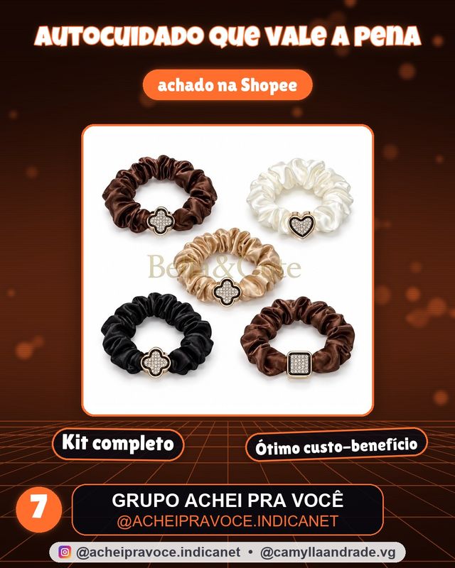 Kit com 5 Xuxinhas Elásticos de Cabelo de Cetim com Pingente Luxuoso – Elegância e Brilho em Cada Detalhe