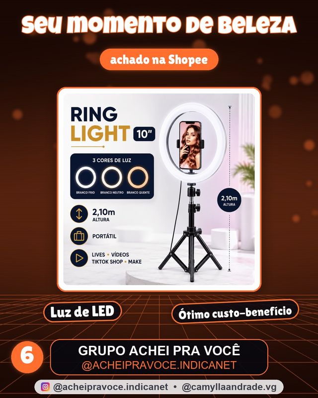 Ring Light Anel de Luz LED 10 Polegadas com Tripé 2,1m Suporte Celular Iluminador TikTok YouTube